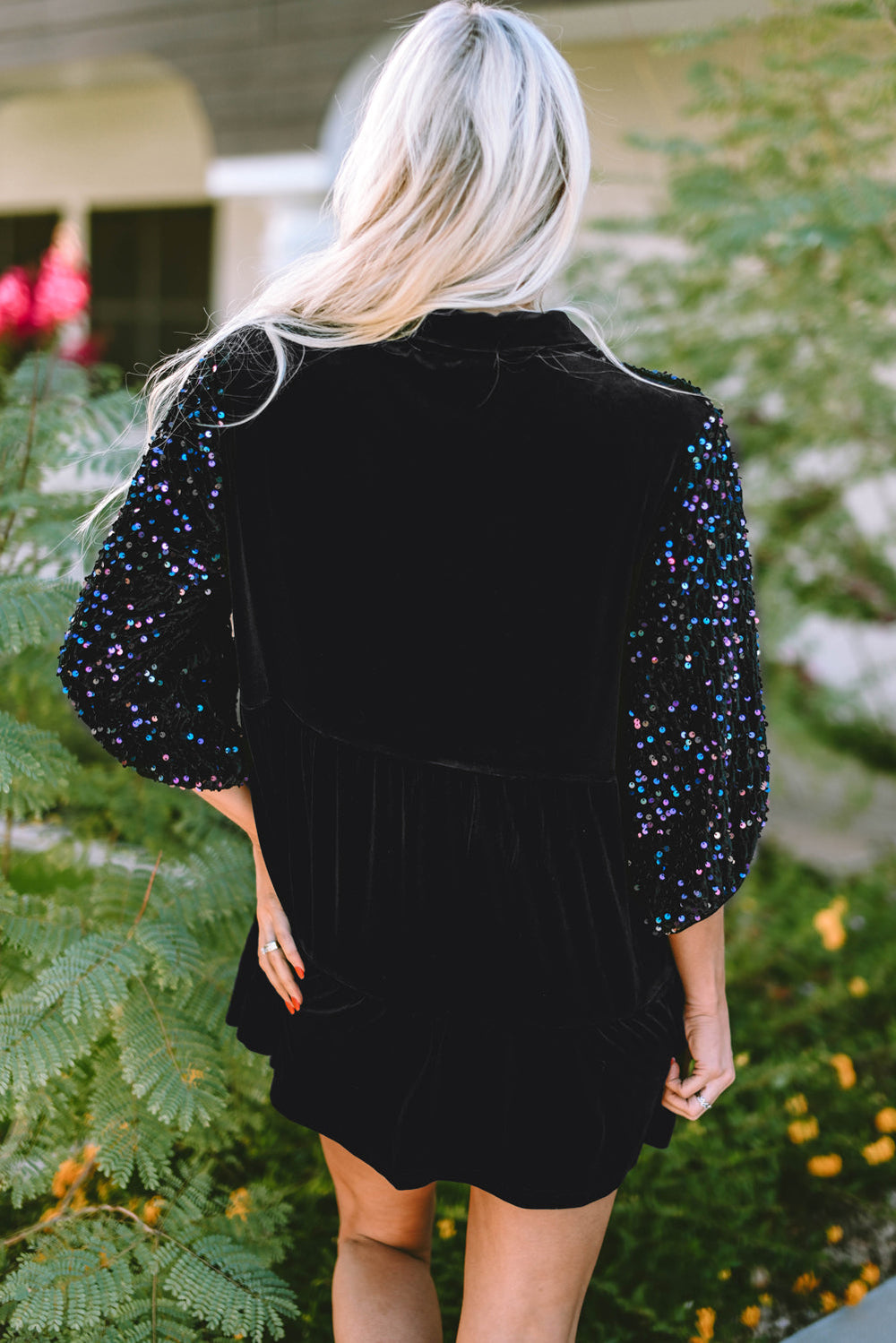 Sequin Puff Sleeve Buttoned Velvet Peplum Shirt