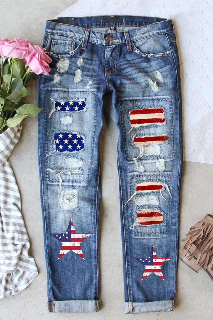 Sky Blue American Flag Patched Distressed Jeans