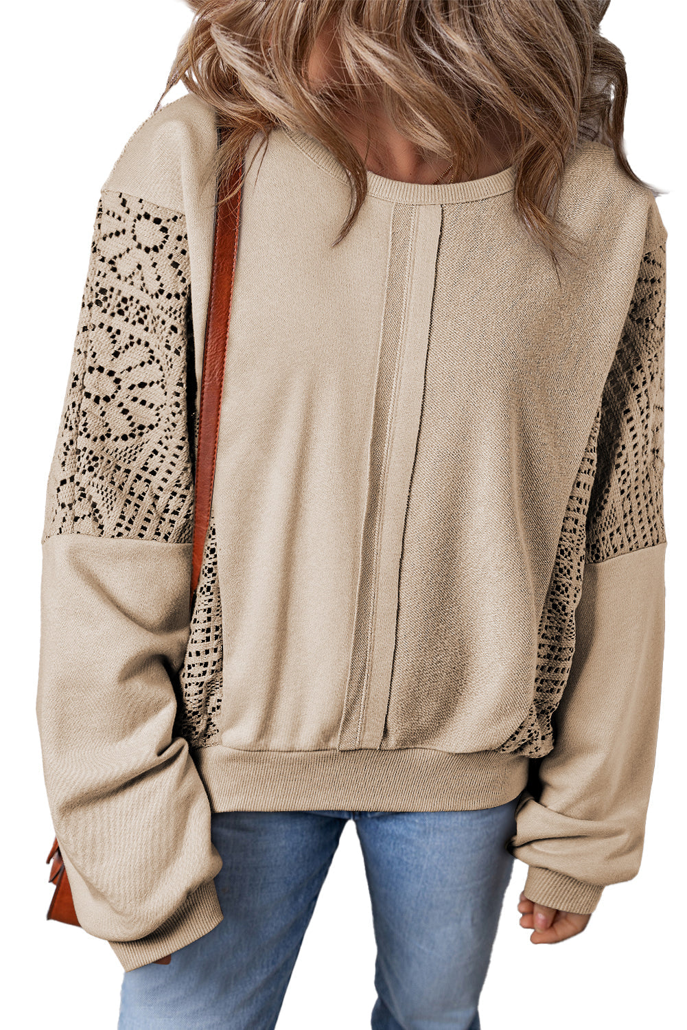 Knit Crochet Exposed Seam Ribbed Trim Sweatshirt