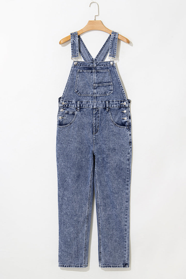 Denim Bib Straight Leg Jumpsuit with Pockets