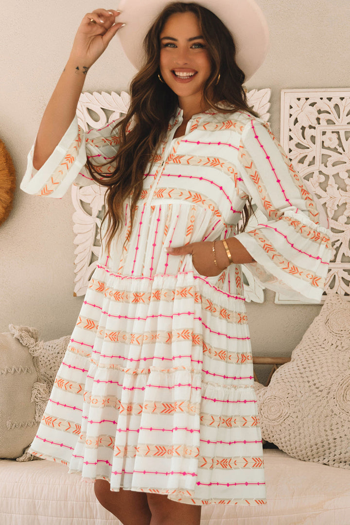 Bohemian Printed Bracelet Sleeve Slit Neck Ruffled Loose Dress