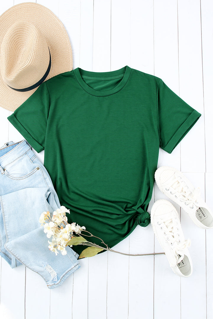 Green Solid Color Crew Neck Tee