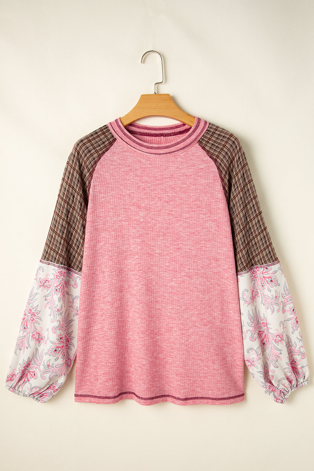 Mixed Print Raglan Sleeve Ribbed Knit Patchwork Blouse