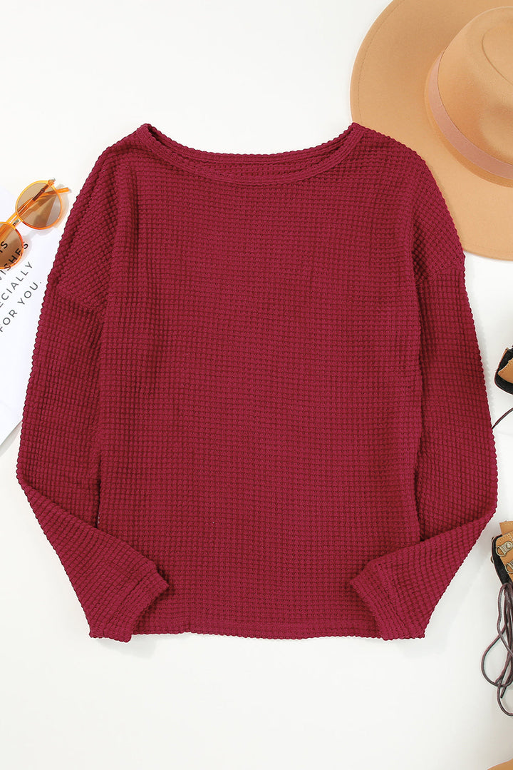 Waffle Knit Drop Shoulder Long Sleeve Top