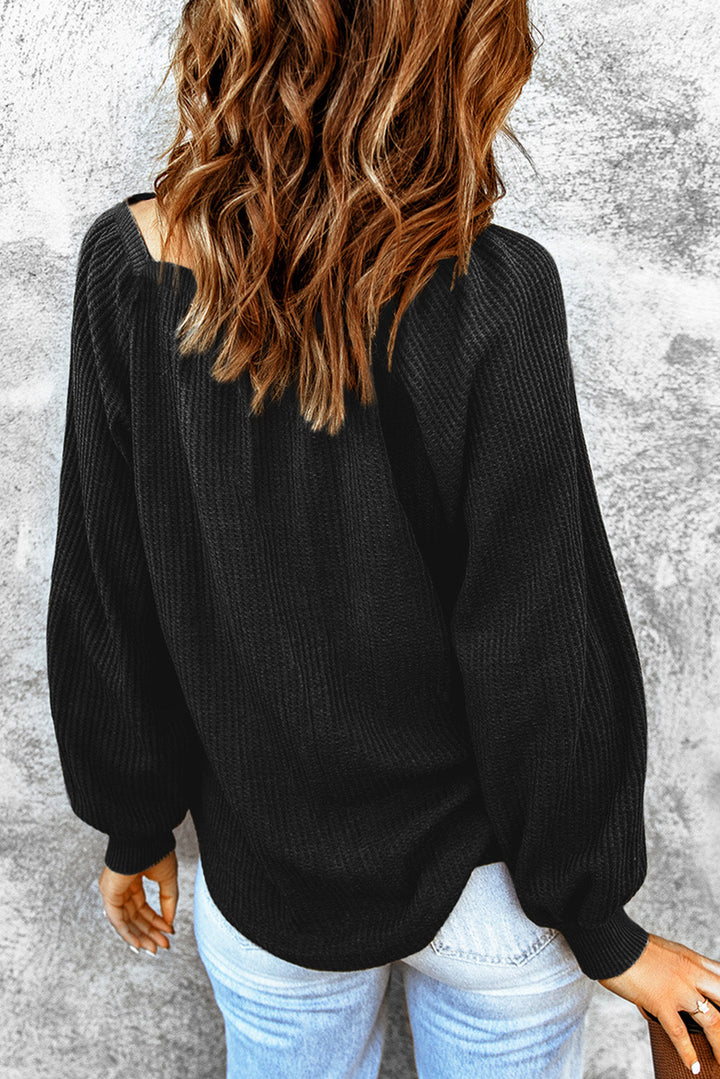 Scoop Neck Puff Sleeve Waffle Knit Top