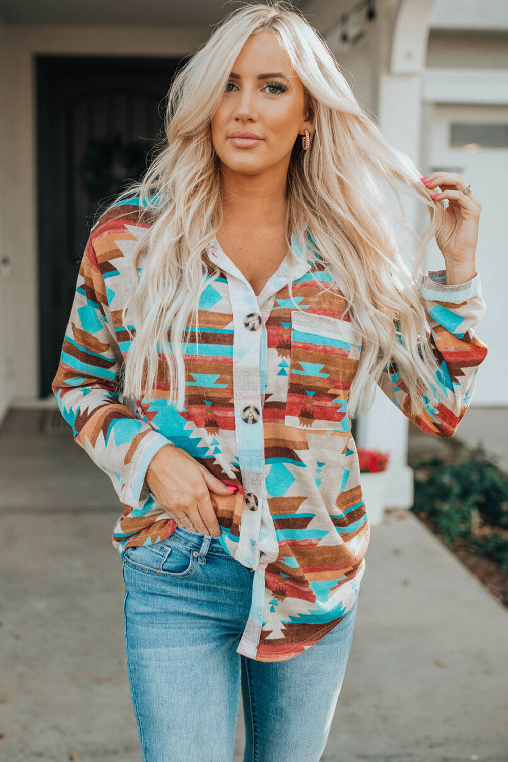 Aztec Print Buttoned Pocket Chest Long Sleeve Shirt