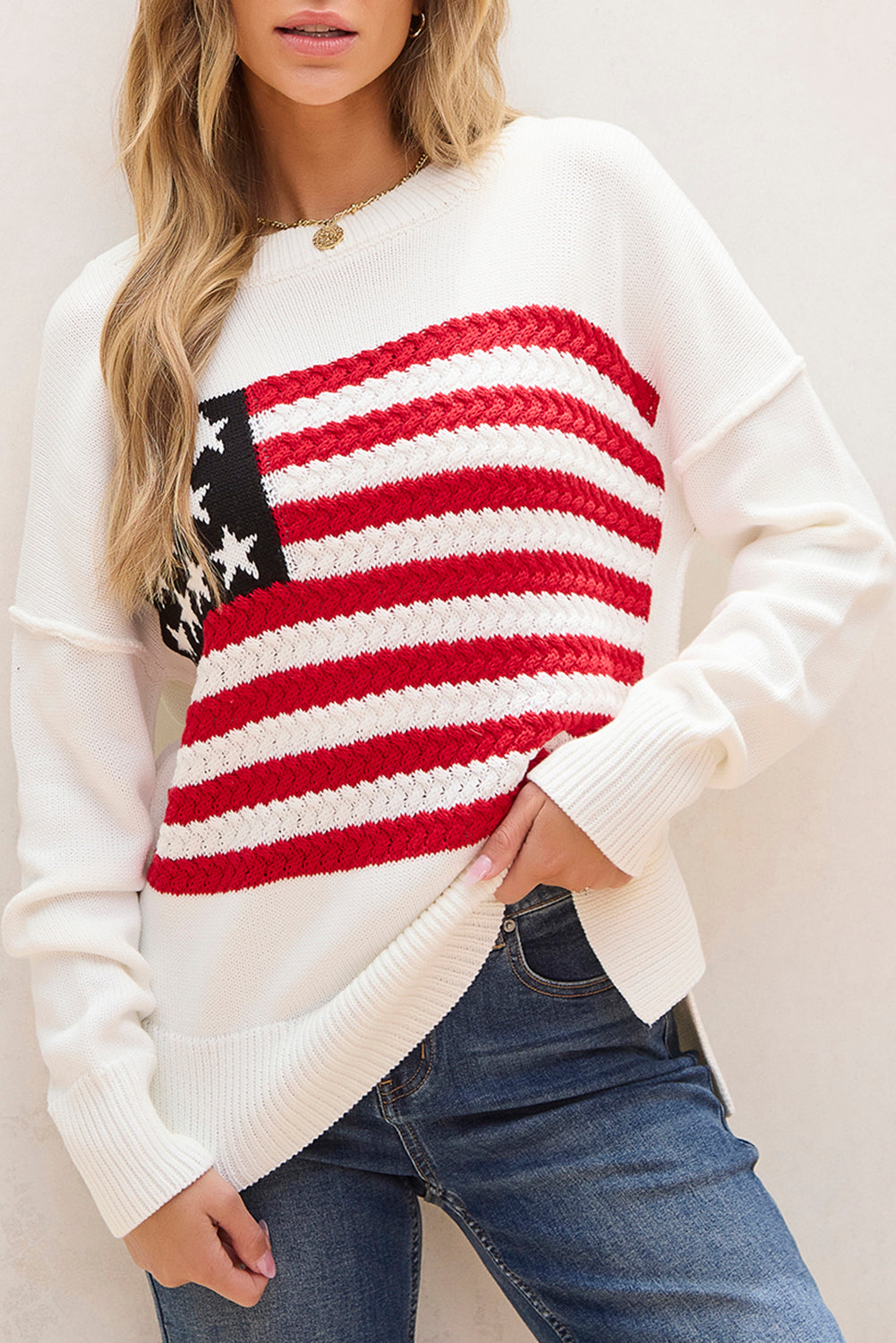 American Flag Cable Knit Drop Shoulder Sweater