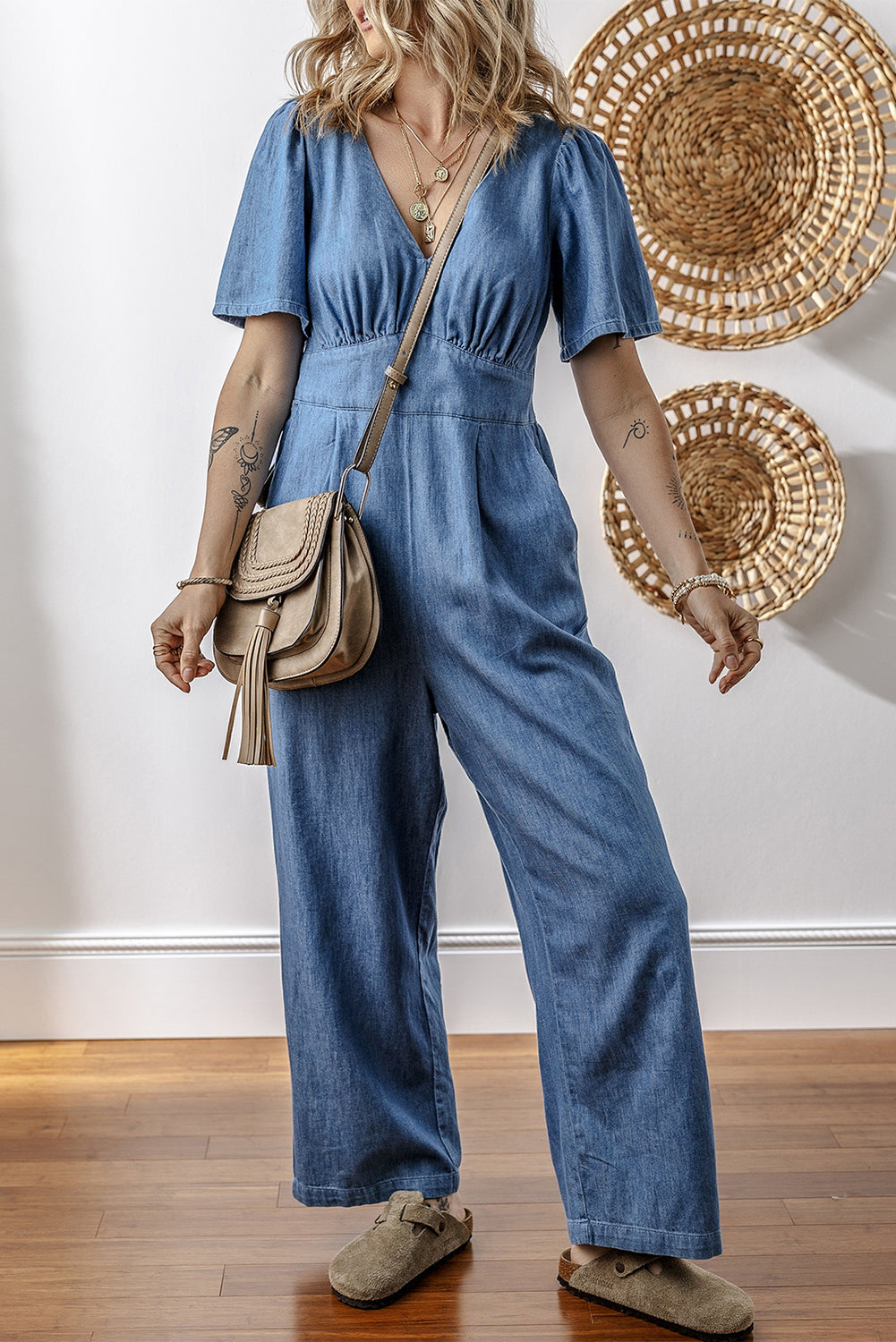 V Neck Short Sleeve Smocked Back Denim Loose Jumpsuit