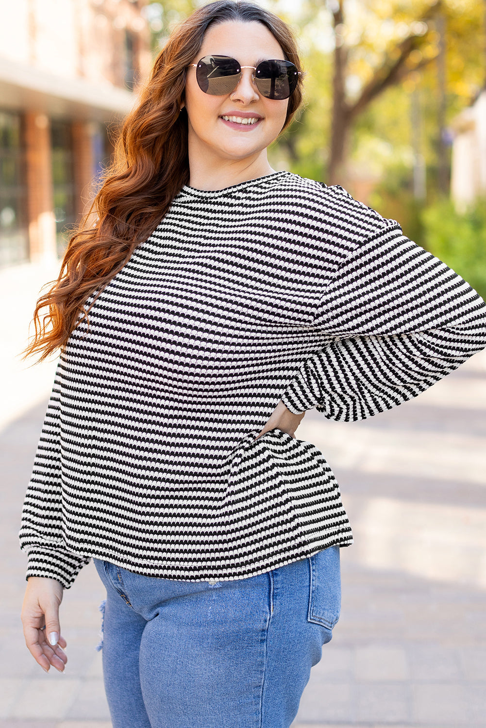 Drop Shoulder Puff Long Sleeve O Neck Plus Size T Shirt