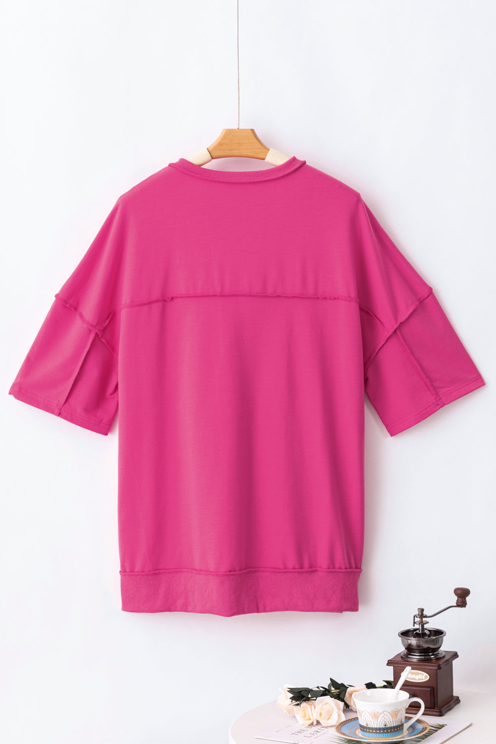 Exposed Seam Button Neck Wide Sleeve Tunic Top