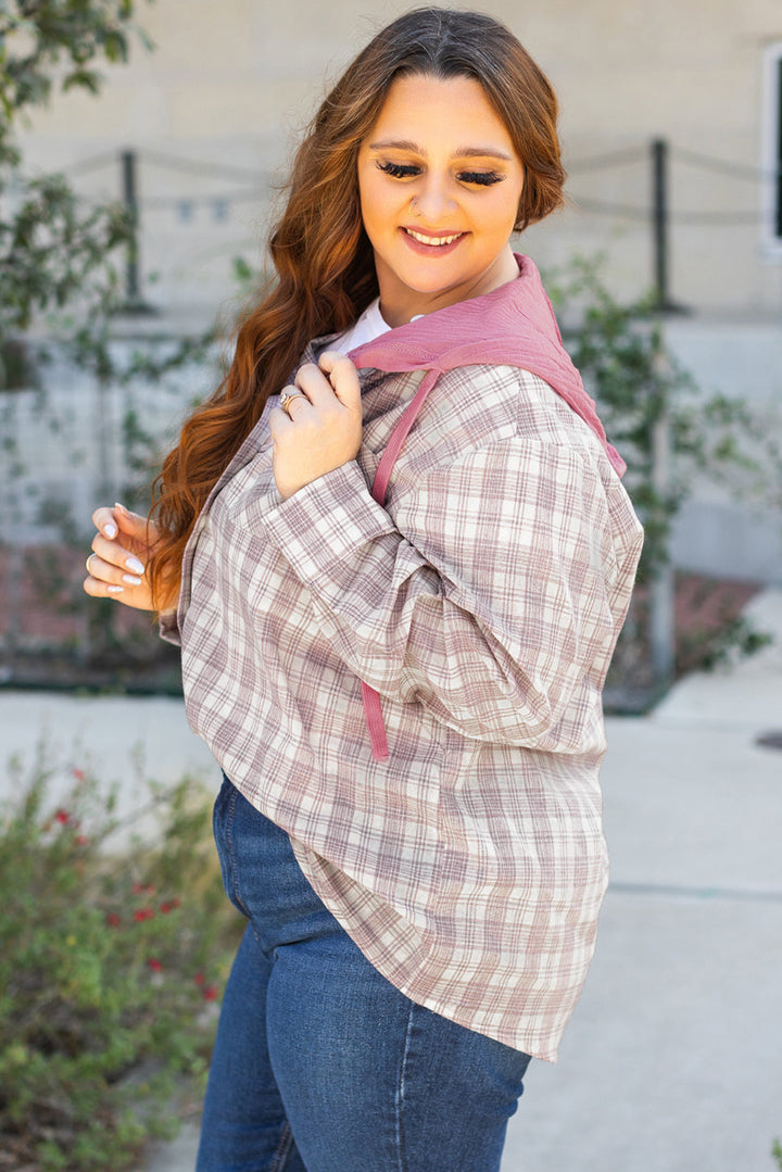 Plaid Print Drawstring Hooded Button-up Plus Size Shirt