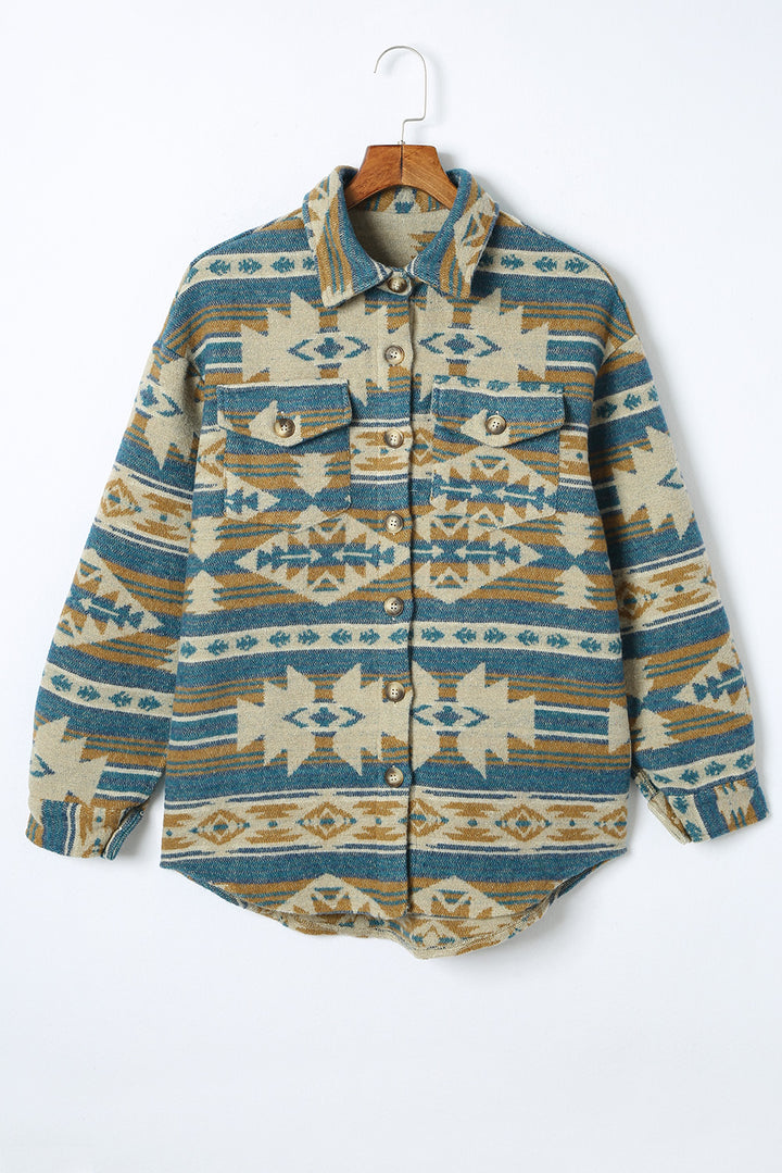 Western Aztec Print Button Flap Pocket Shacket