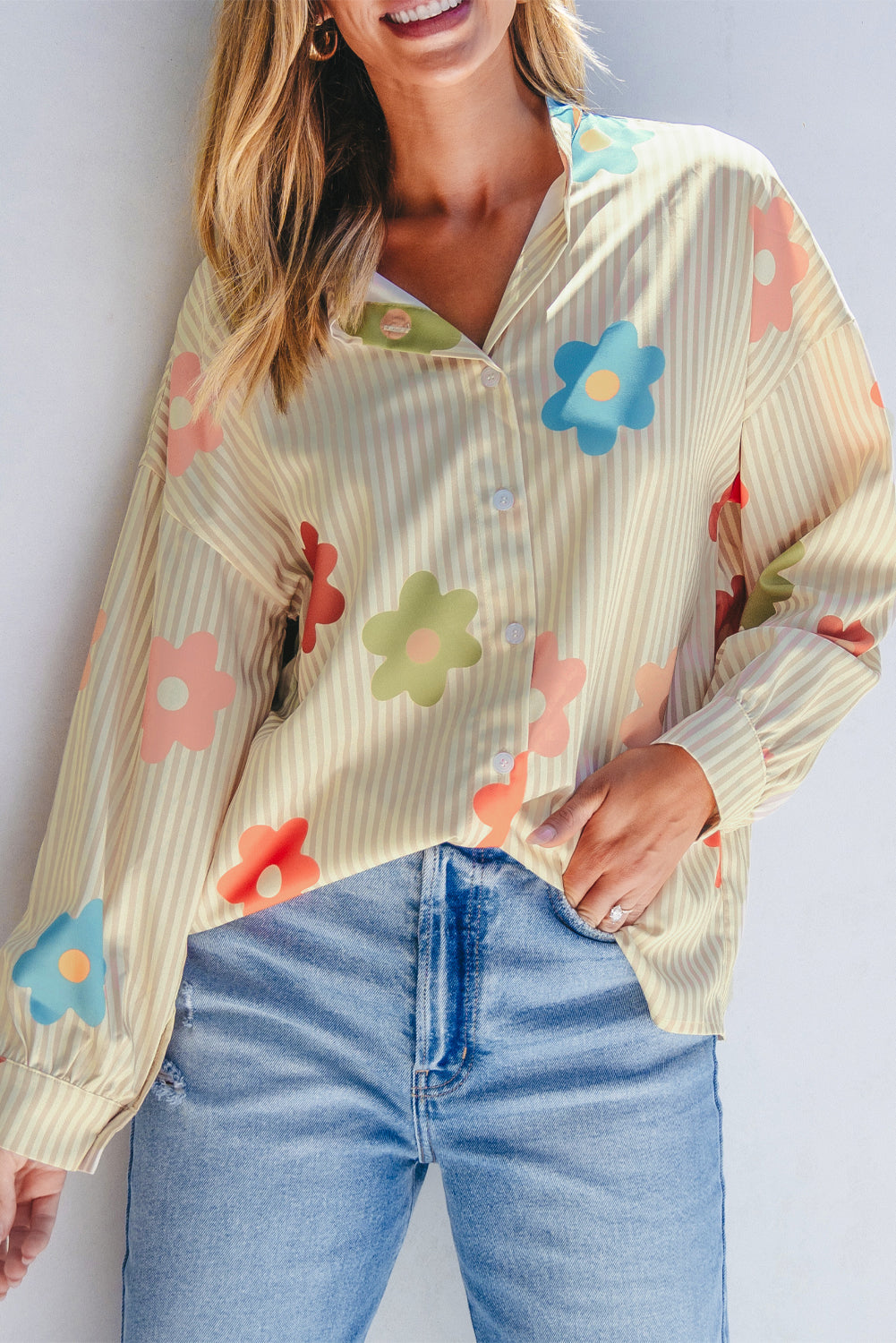 Flower Print Collared Button-up Loose Fit Shirt