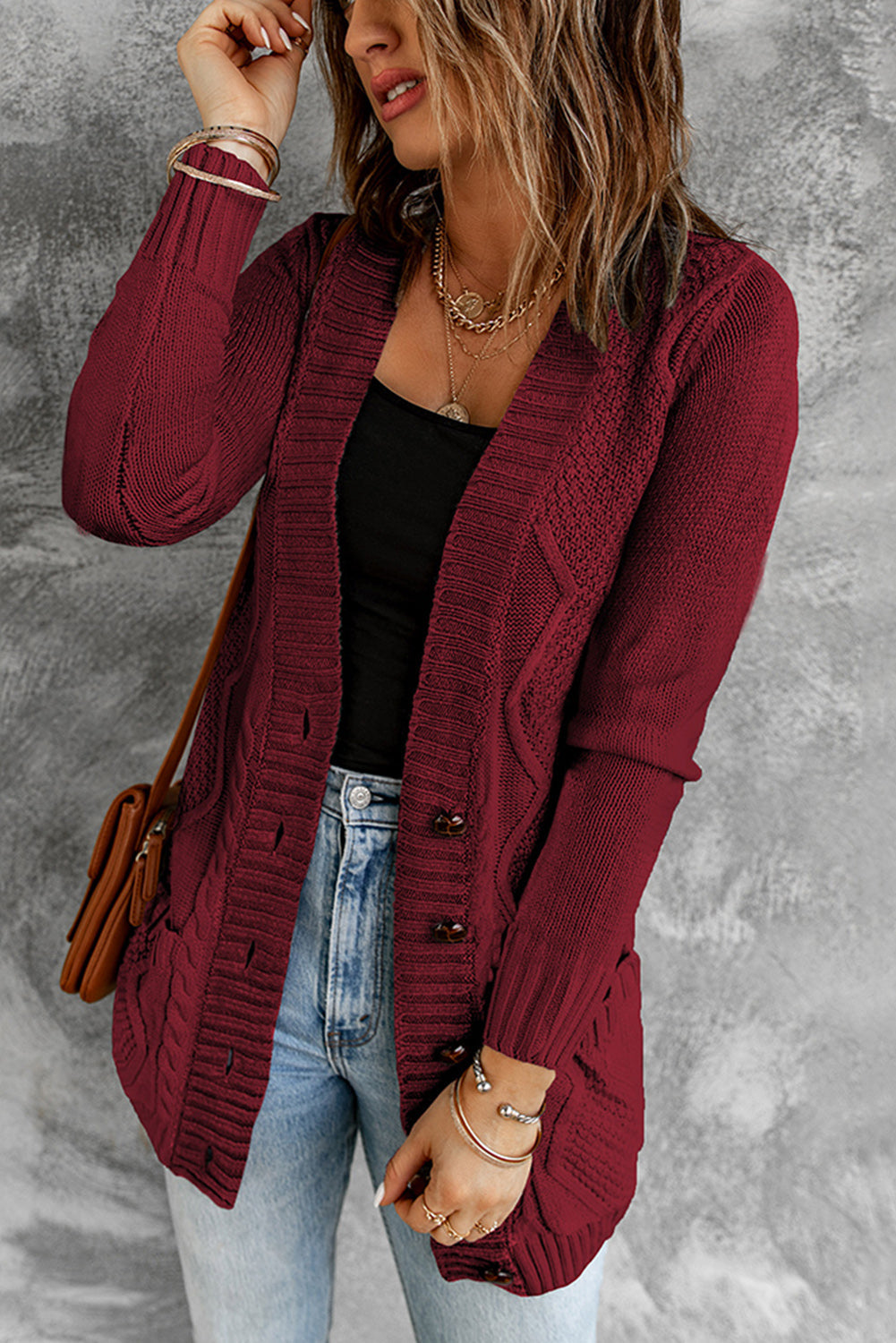 Burgundy Front Pocket and Buttons Closure Cardigan