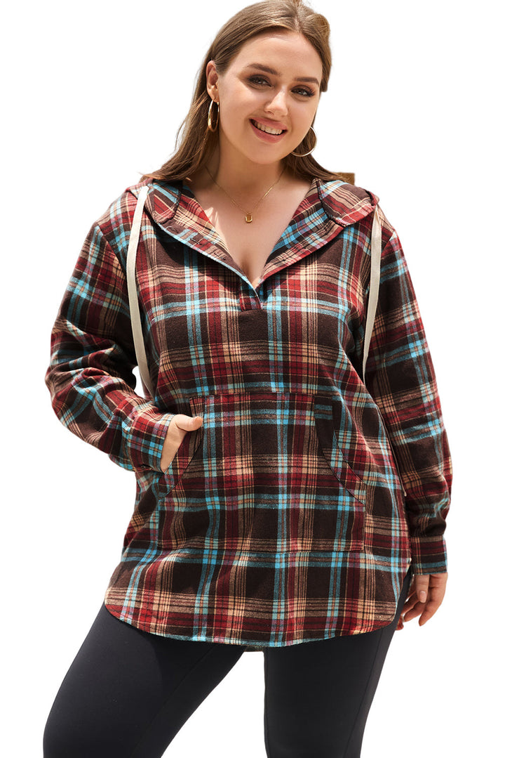 Plus Size Plaid Kangaroo Pocket Drawstring Hoodie