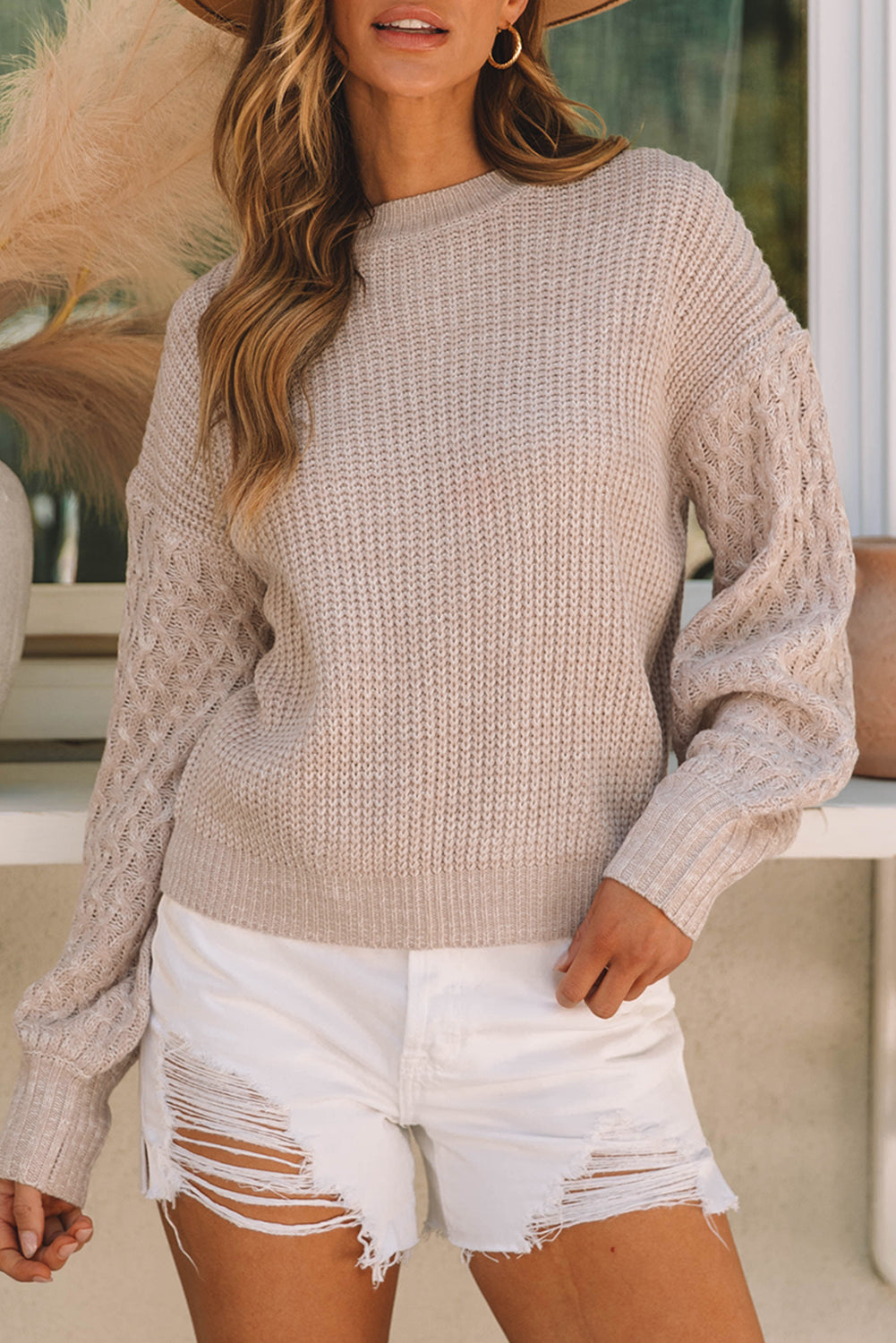 Cable Knit Sleeve Drop Shoulder Sweater