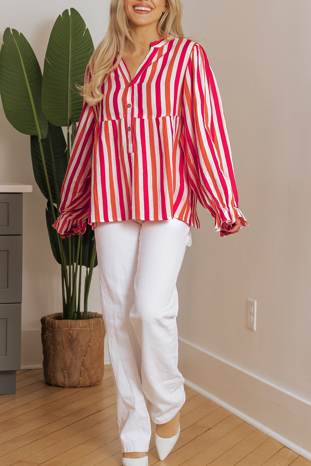 Balloon Sleeve Notched V Neck Buttoned Front Blouse