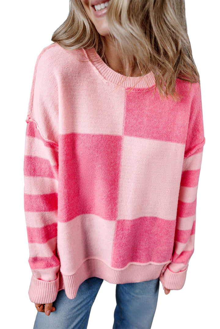 Checkered Colorblock Striped High Low Loose Sweater