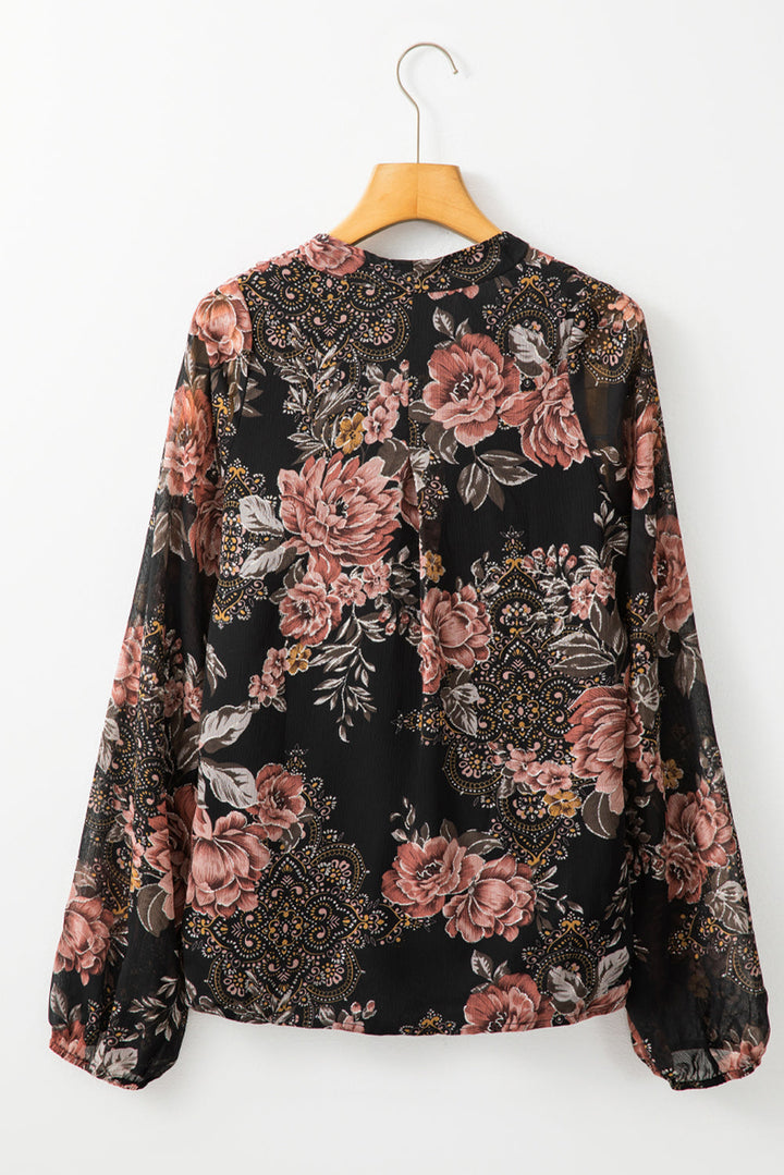 Floral Print Criss Cross V Neck Balloon Sleeve Blouse