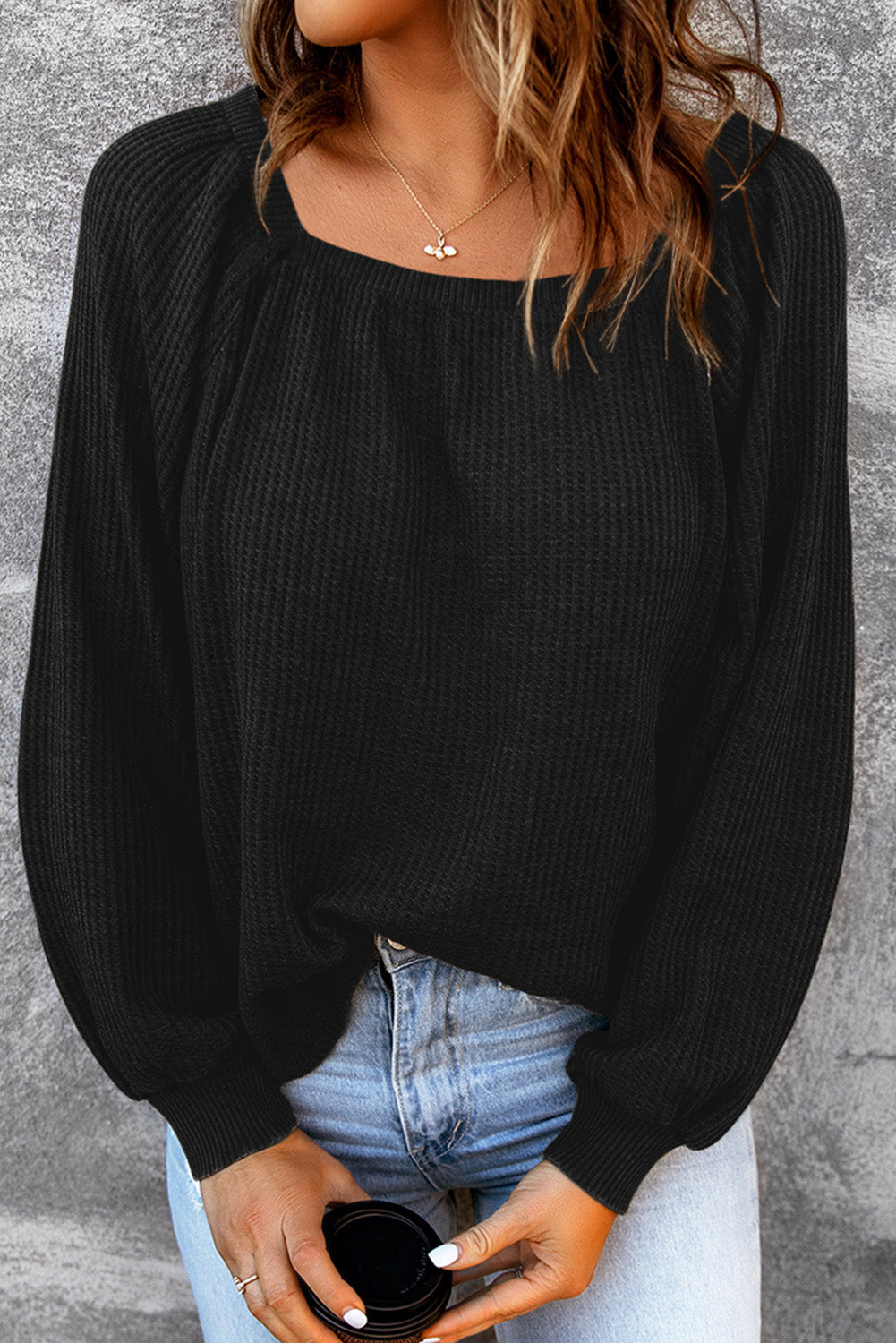 Scoop Neck Puff Sleeve Waffle Knit Top