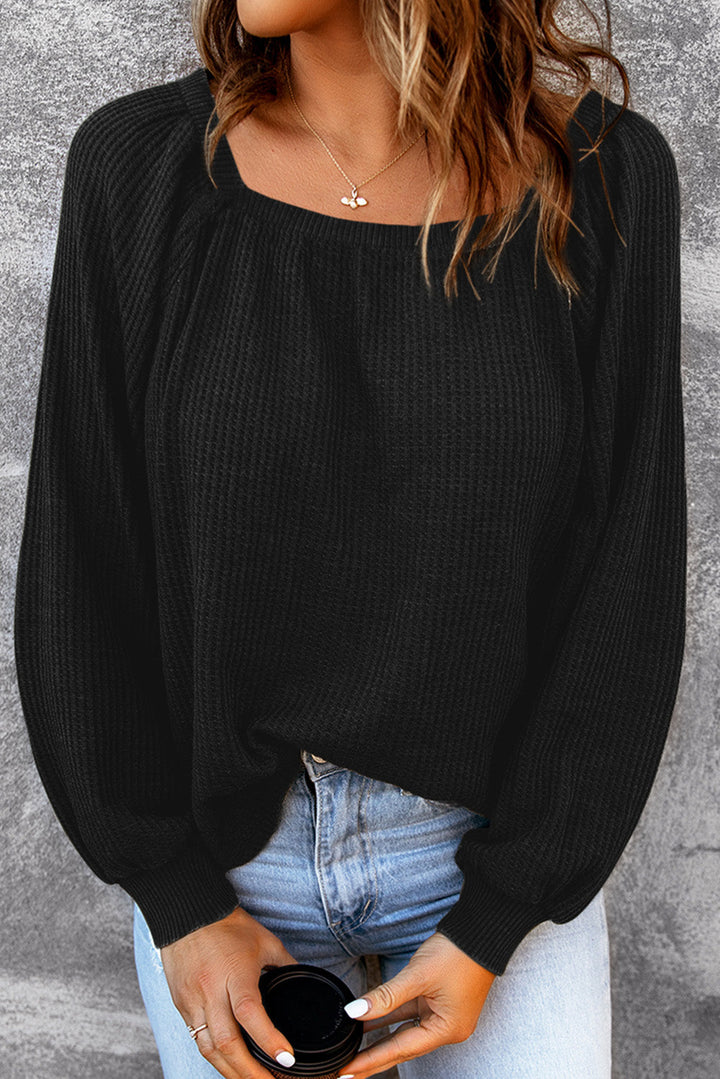 Scoop Neck Puff Sleeve Waffle Knit Top