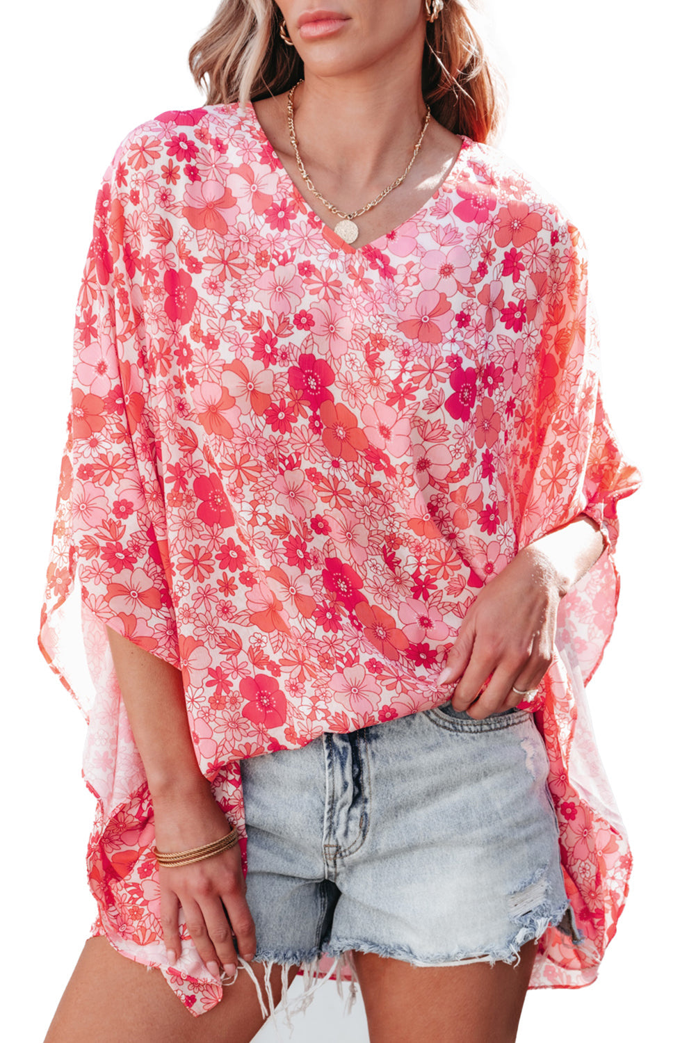 Boho Floral V Neck Kimono Style Blouse