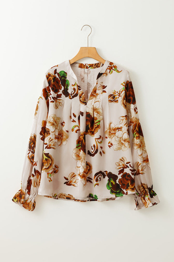 Gorgeous Floral Split Neck Flounce Sleeve Blouse