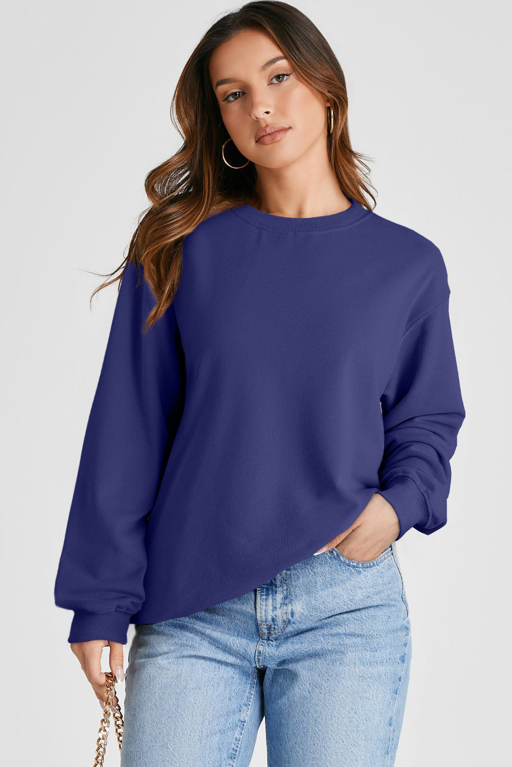 Plain Drop Shoulder Crewneck Pullover Sweatshirt