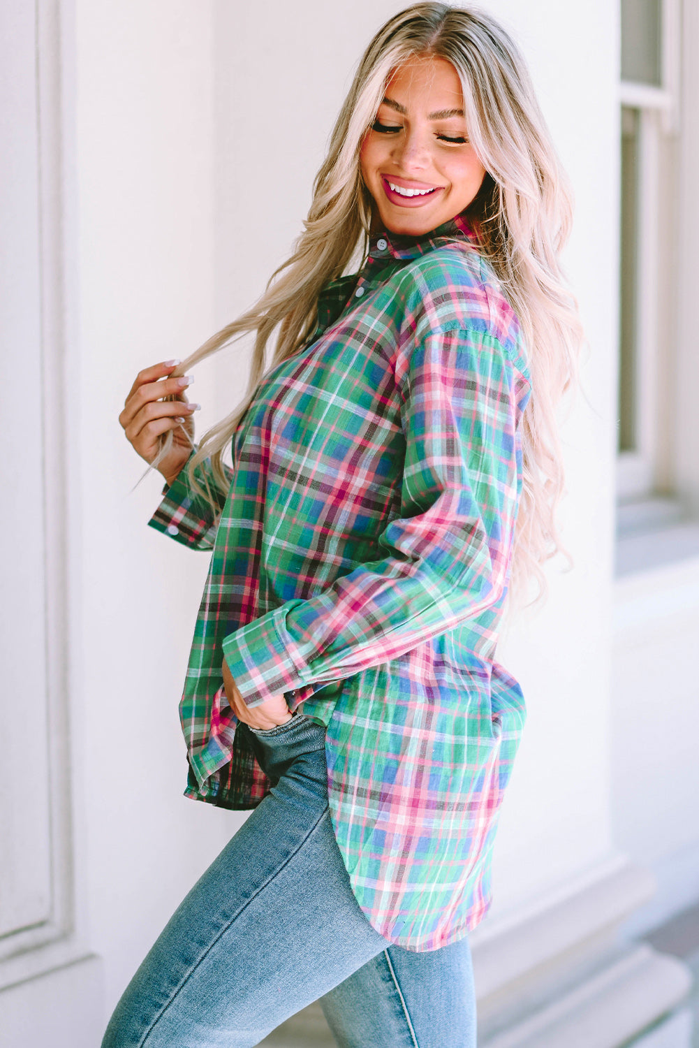 Plaid Long Sleeve Button Down Split Shirt