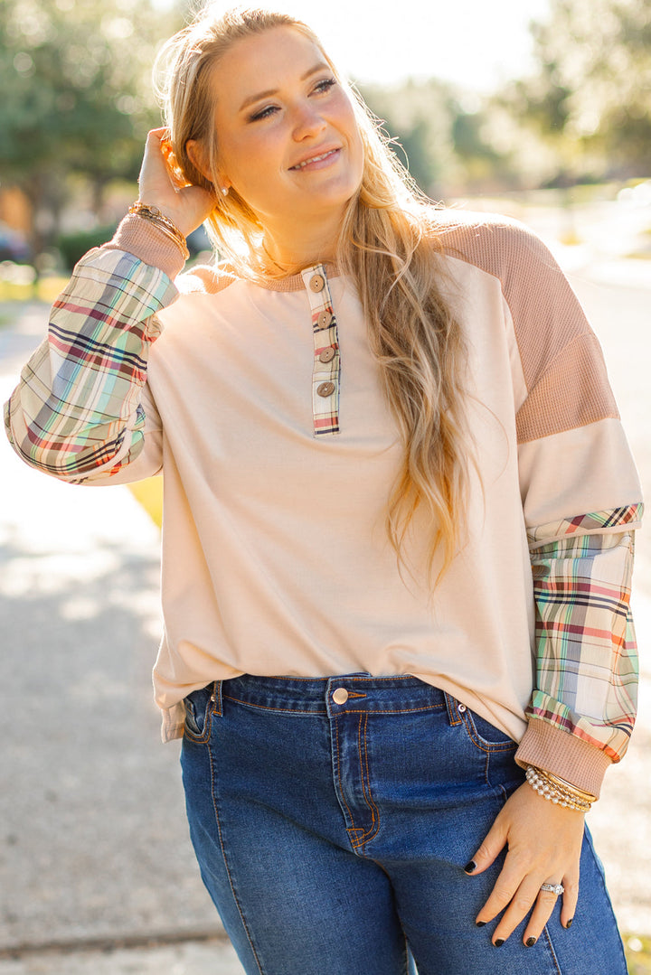 Plus Size Plaid Patchwork Layered Henley Top