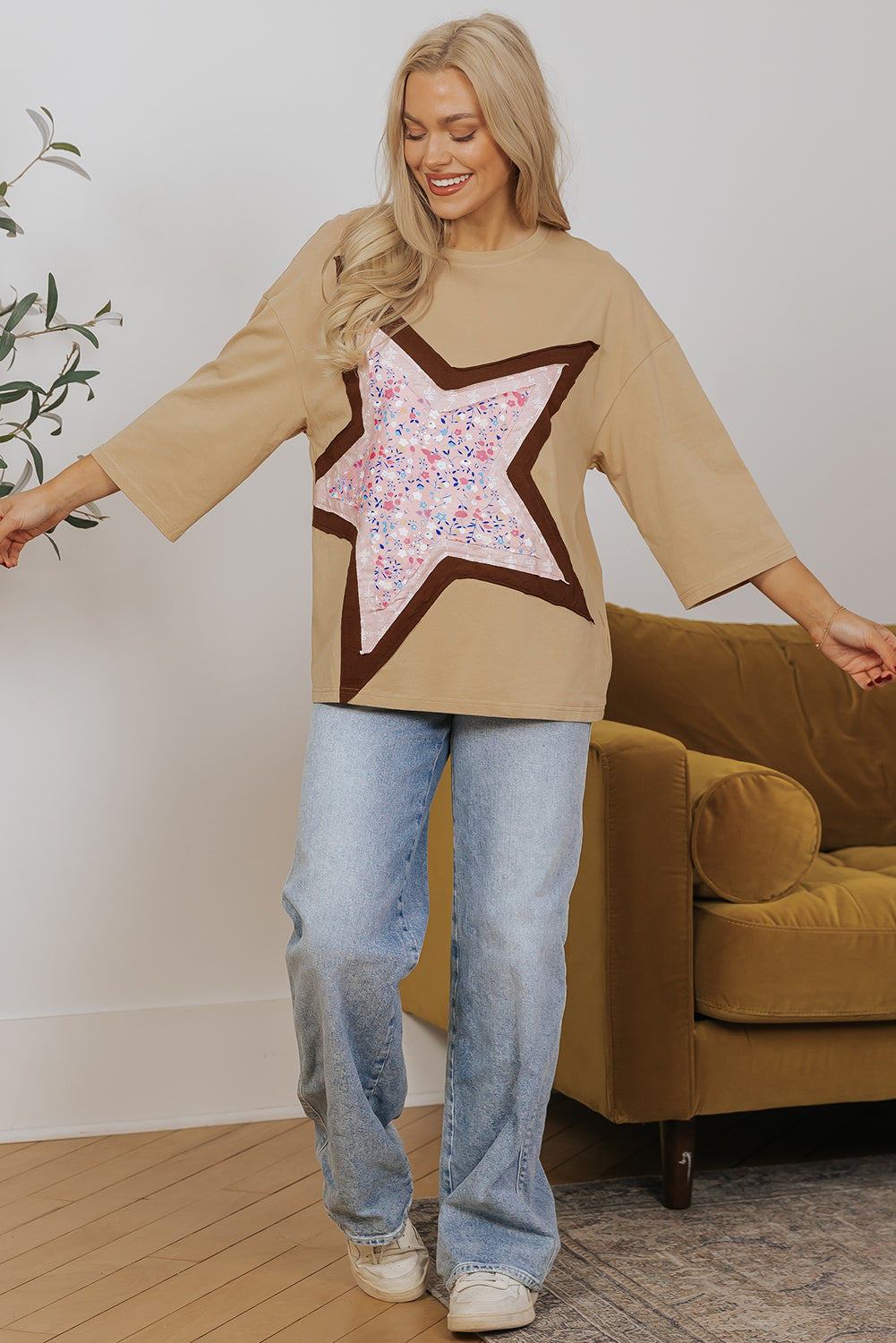 Floral Star Patchwork 3/4 Long Sleeve Top