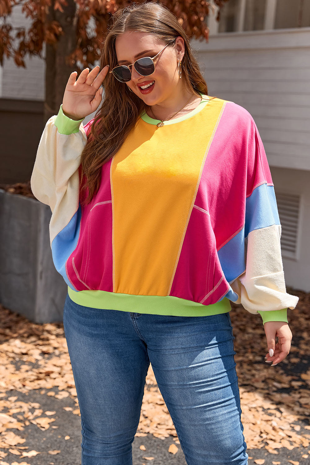 Plus Size Colorblock Patchwork Exposed Seam Sweatshirt