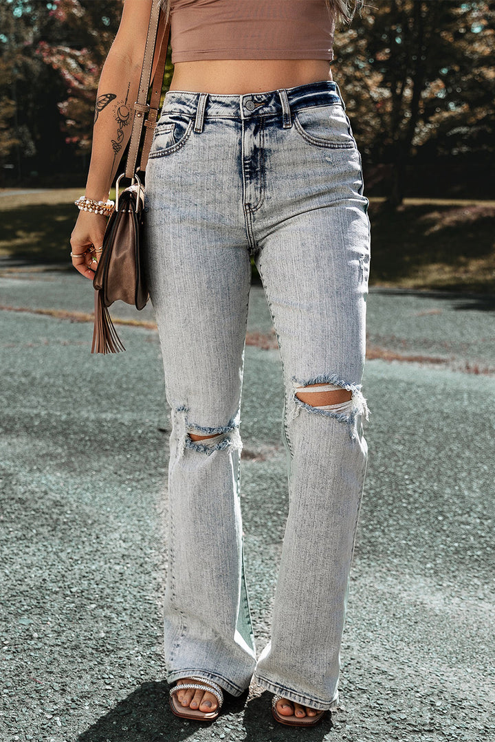 Light Blue Distressed Light Washed Slit Knee Flared Jeans