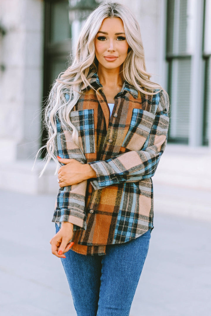 Plaid Color Block Buttoned Shirt with Pockets