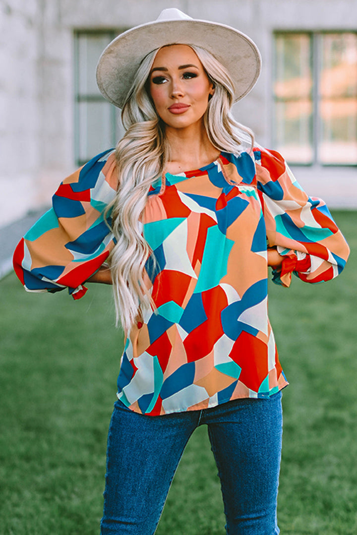 Abstract Pattern Crewneck Ruffled Puff Sleeve Blouse