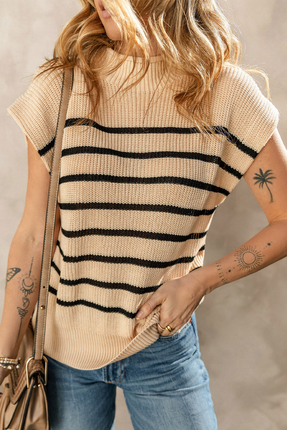 Striped Ribbed Knit High Neck Sweater