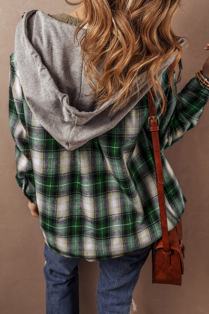 Plaid Print Buttoned Hooded Shacket