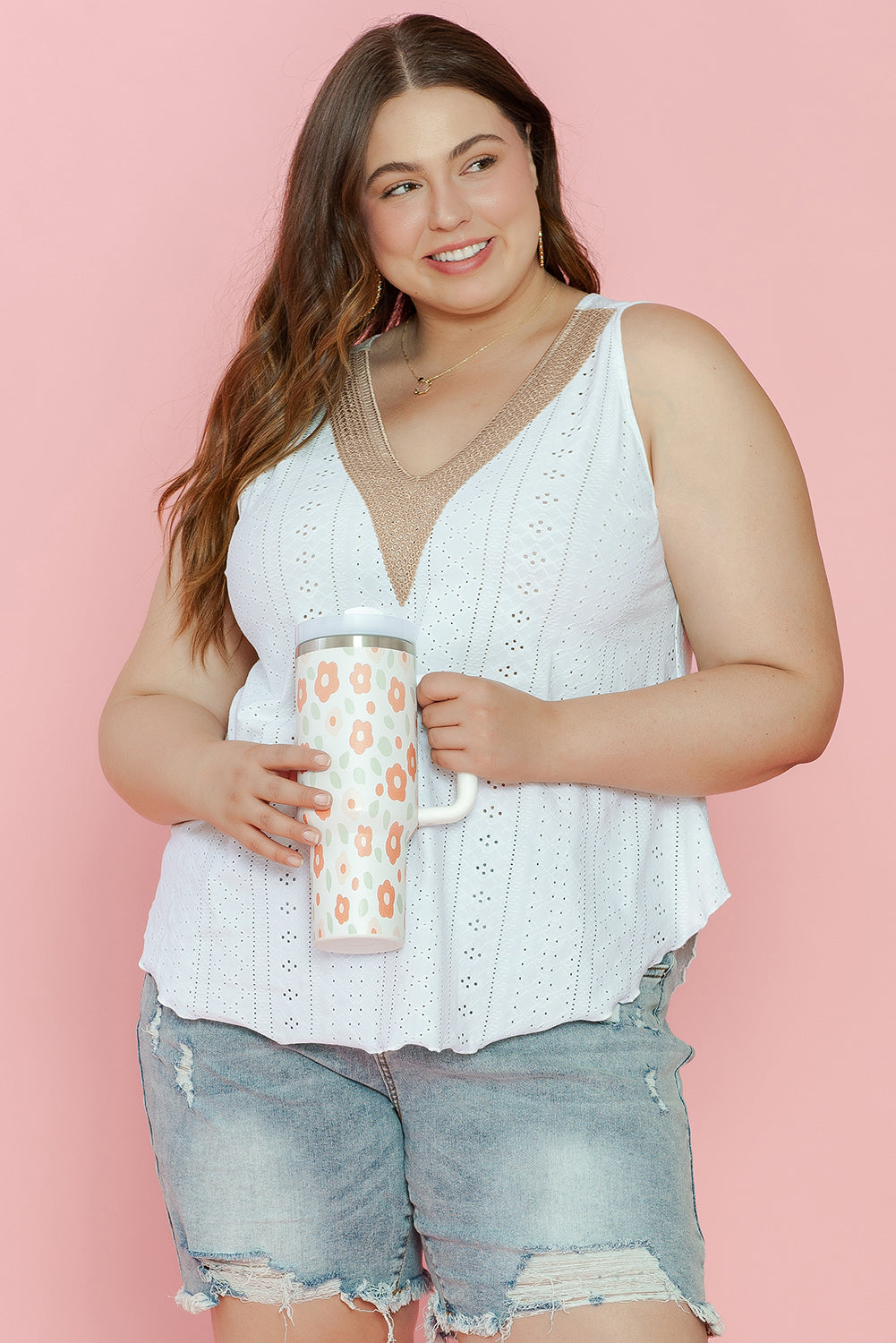 Plus Size Guipure V Neck Eyelet Lace Tank Top