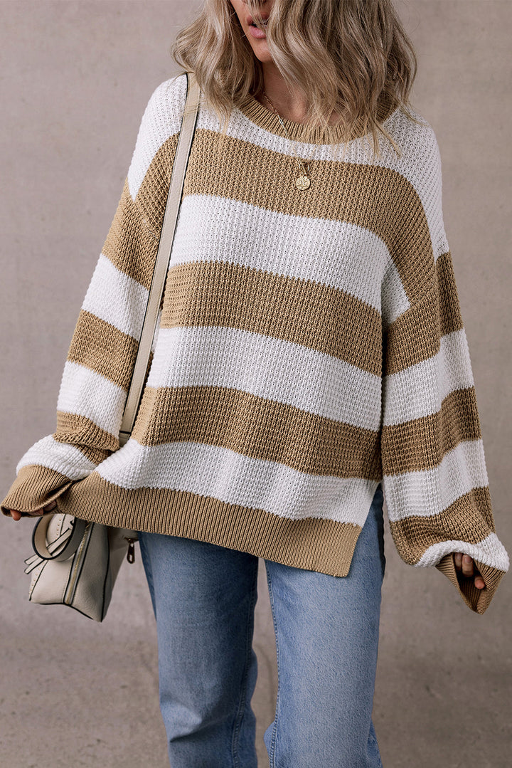 Colorblock Striped Drop Shoulder Side Slit Sweater