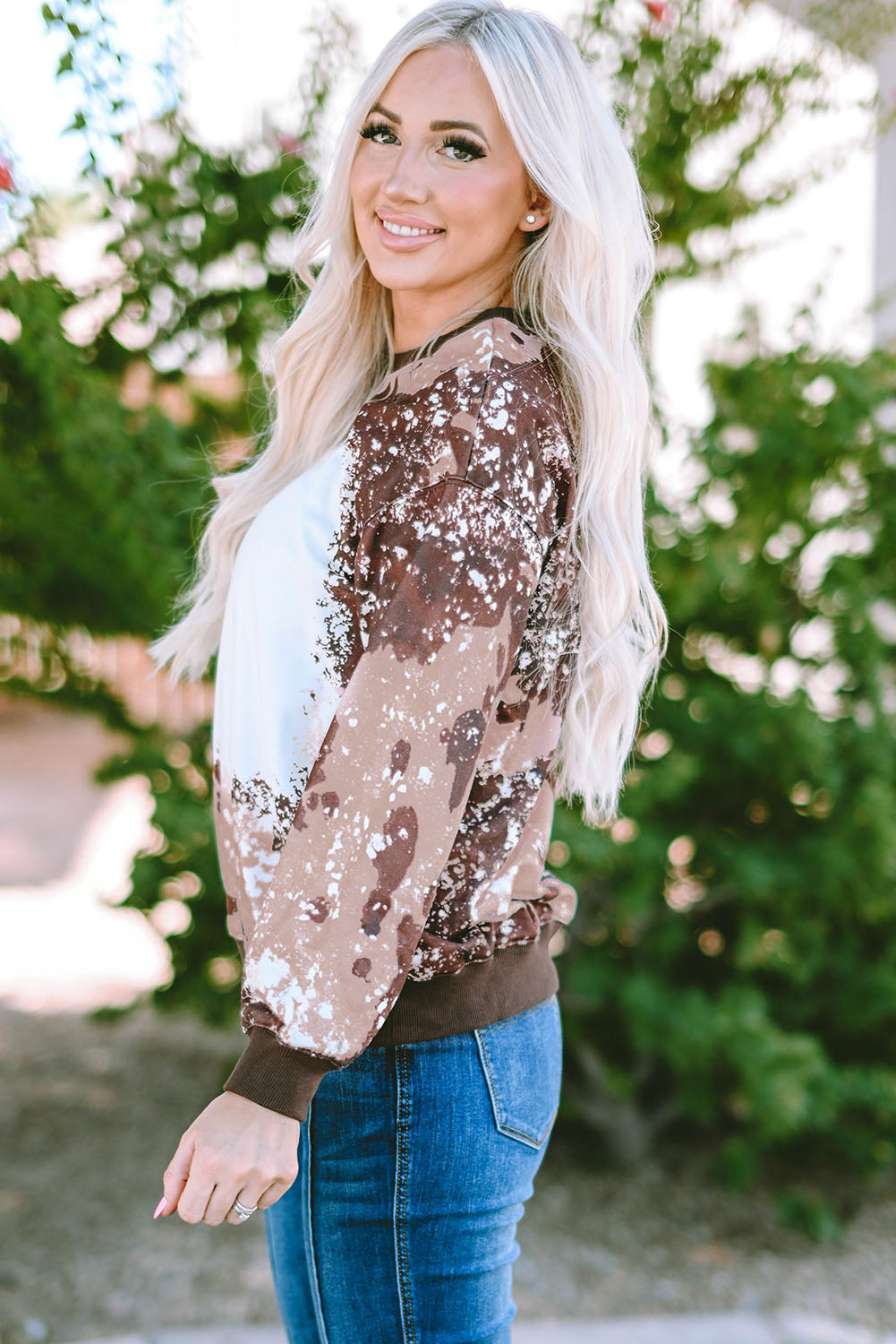 Bleached Tie Dye Leopard Print Long Sleeve Top