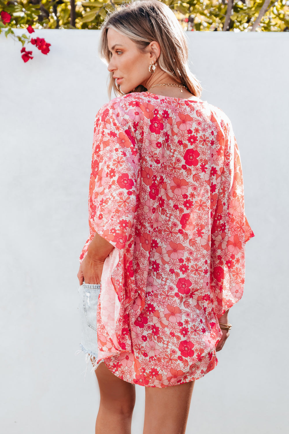 Boho Floral V Neck Kimono Style Blouse