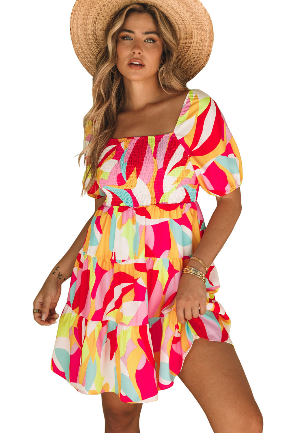 Geometric Print Smocked Babydoll Mini Dress