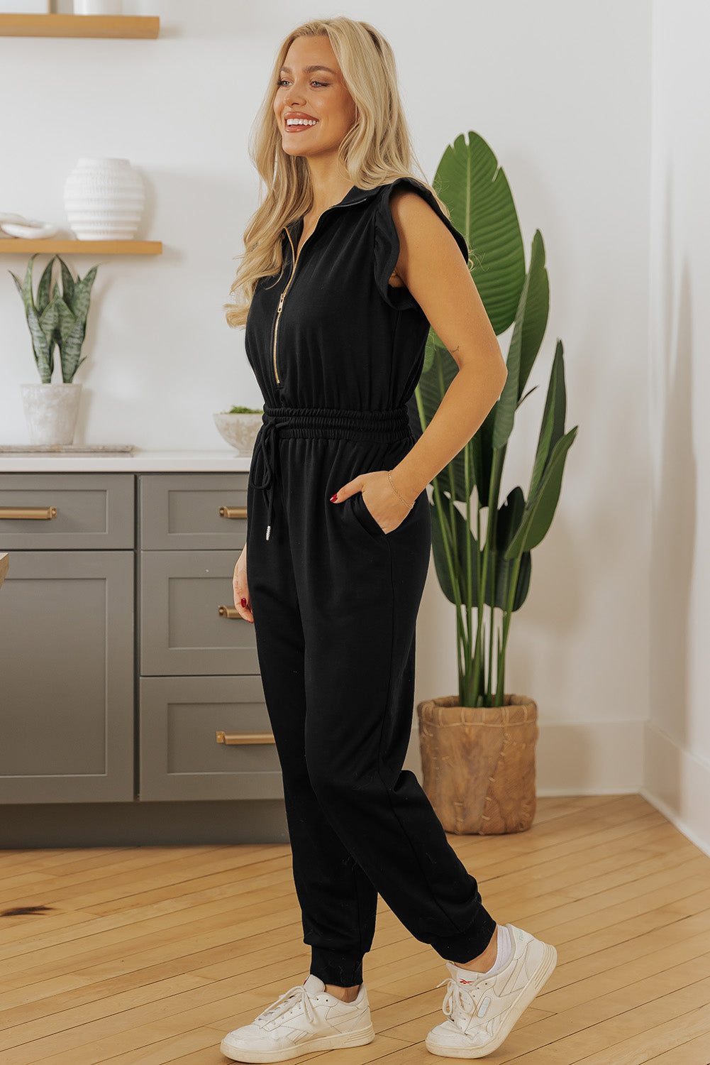 Zipper Flutter Sleeve Drawstring High Waist Jumpsuit