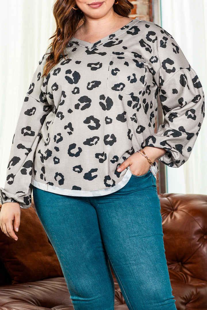 Leopard Balloon Sleeve Thermal Knit Plus Size Top