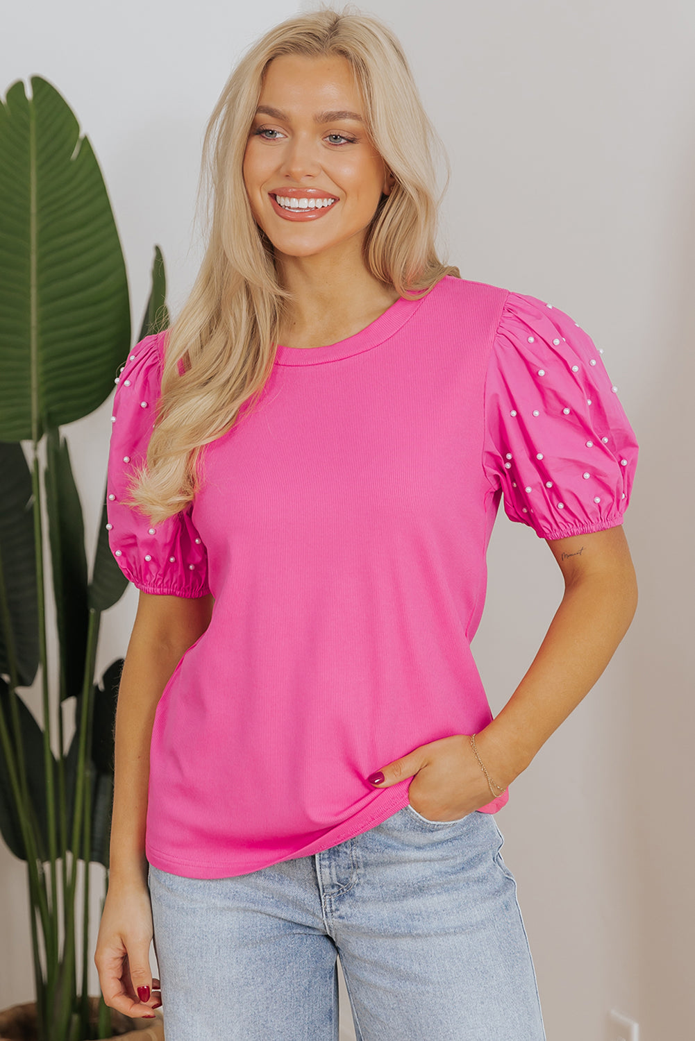 Ribbed Pearl Beaded Puff Sleeve Top