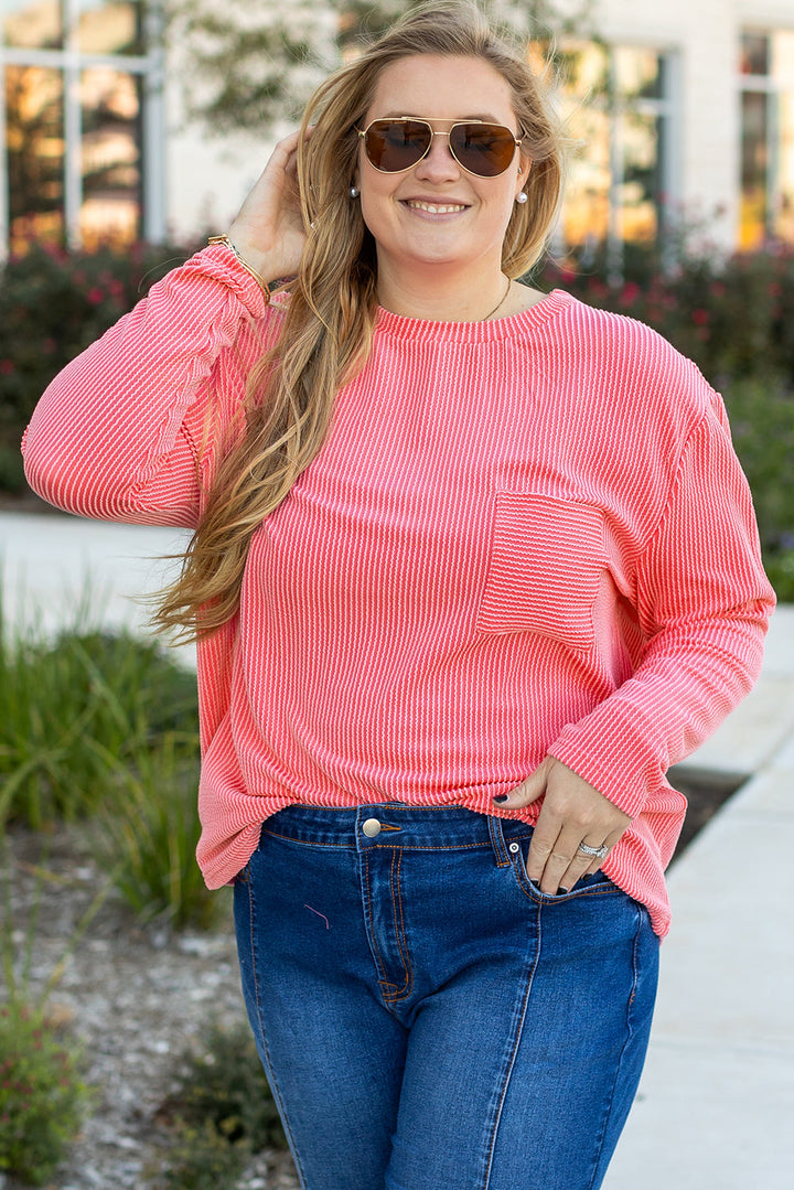 Plus Size Ribbed Textured Long Sleeve T Shirt