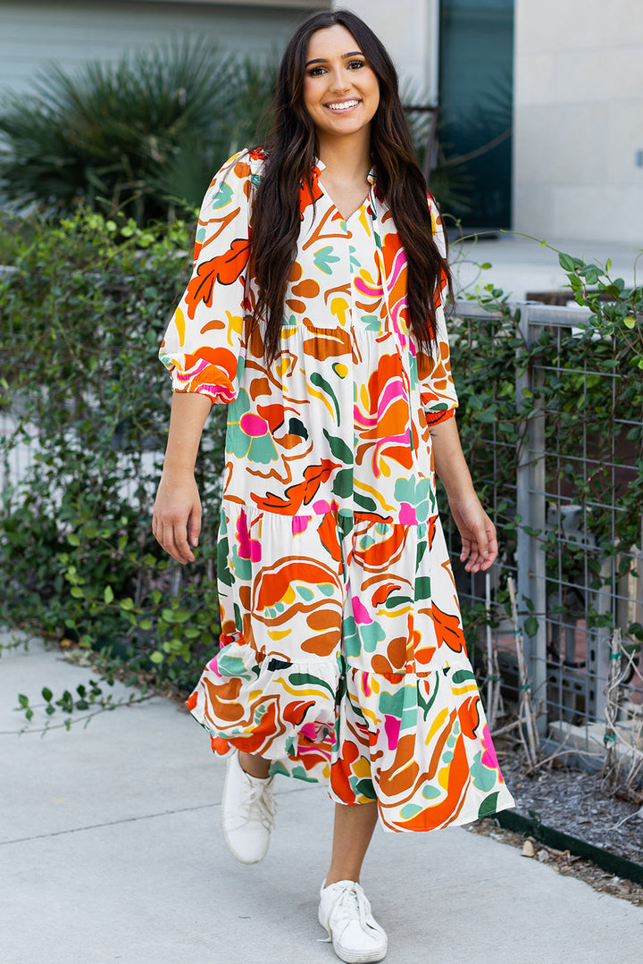 Floral Print Split V Neck Tiered Maxi Dress