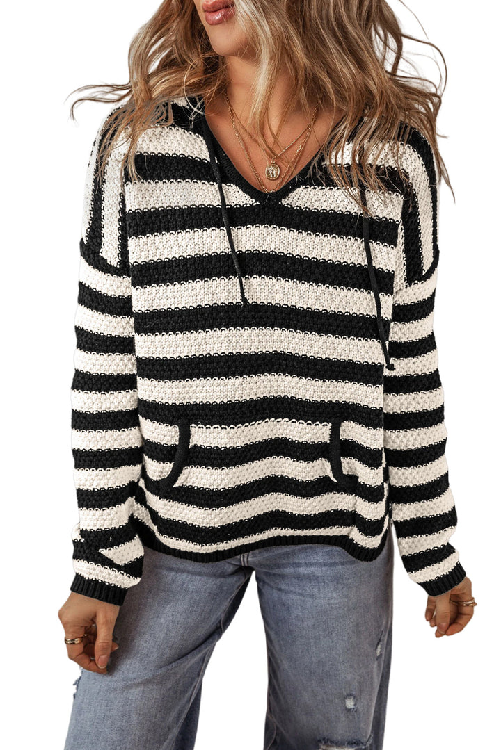 V Neck Pocketed Drawstring Hooded Sweater