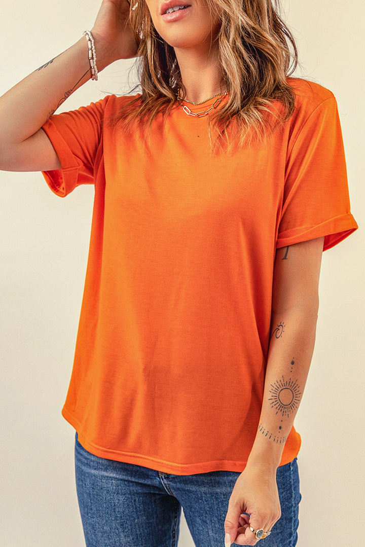 Orange Solid Color Crew Neck Tee