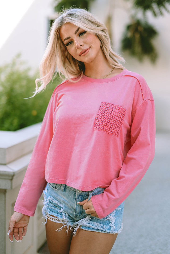 Lace Patch Pocket Long Sleeve T-shirt